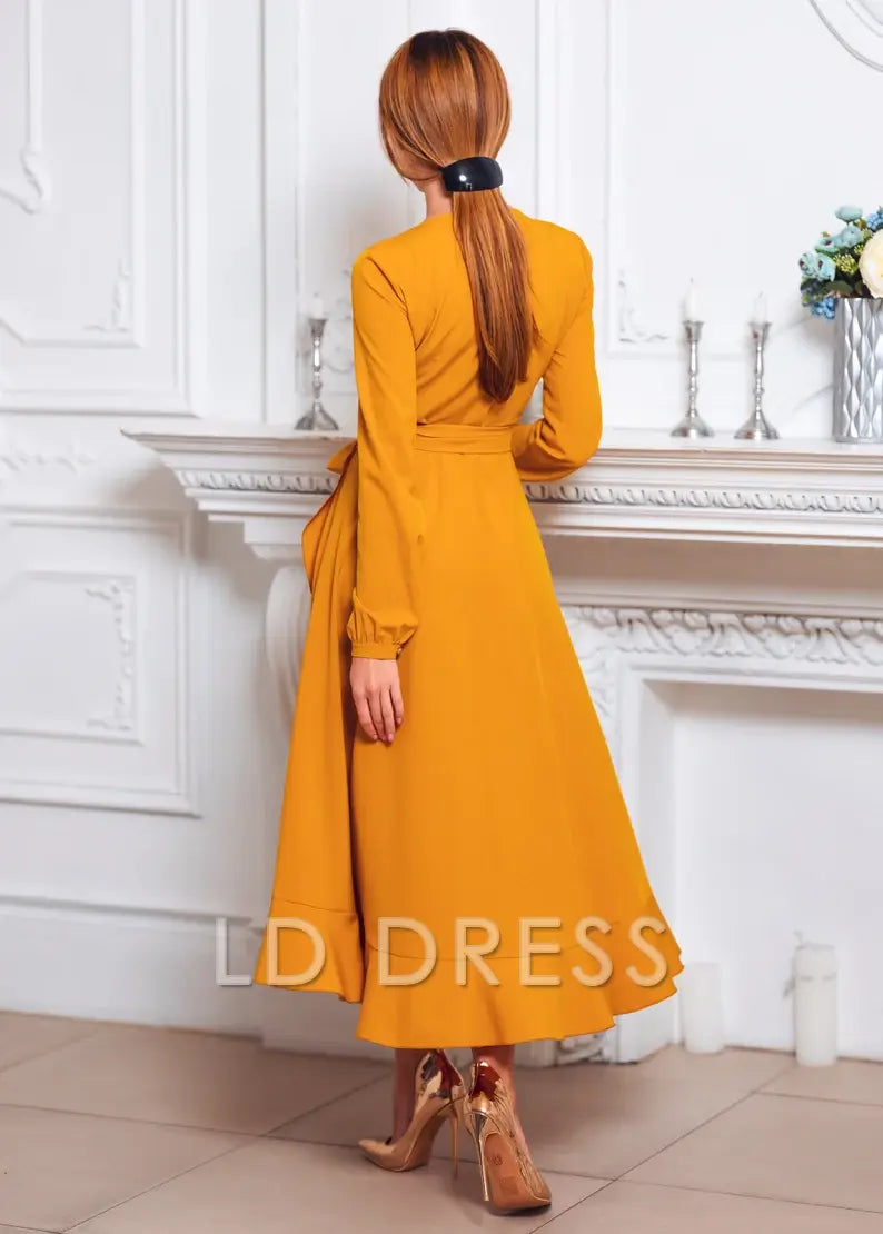 LD V collar long sleeved side slit lotus leaf edge length design Prom dress