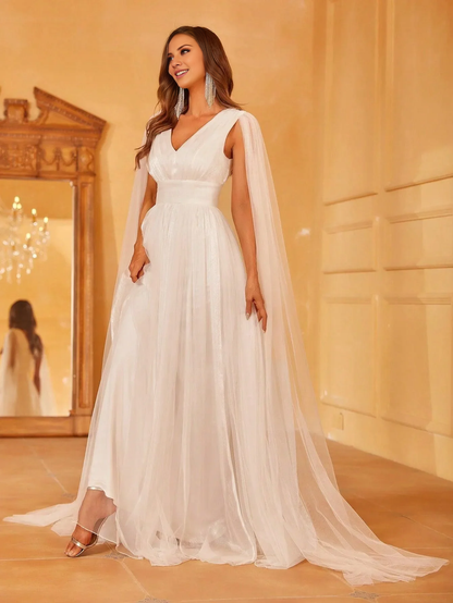 A-line deep V-neck cape and floor length wedding dress