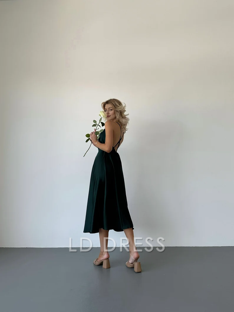 LD deep V-neck sleeveless thin shoulder strap backless long Prom dress