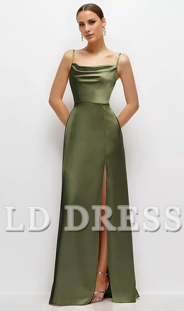 Thin shoulder strap high neck satin side slit and floor length bridesmaid dress - LD Dress