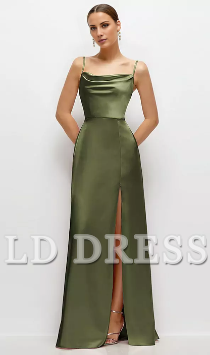 Thin shoulder strap high neck satin side slit and floor length bridesmaid dress - LD Dress