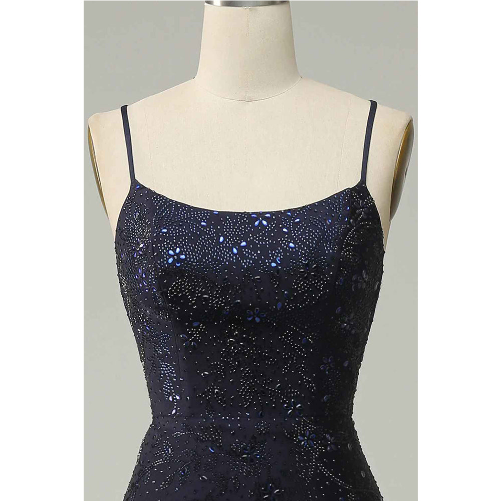 Navy Blue Split Strapless Sweetheart Beaded Prom Dress