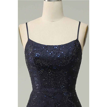 Navy Blue Split Strapless Sweetheart Beaded Prom Dress