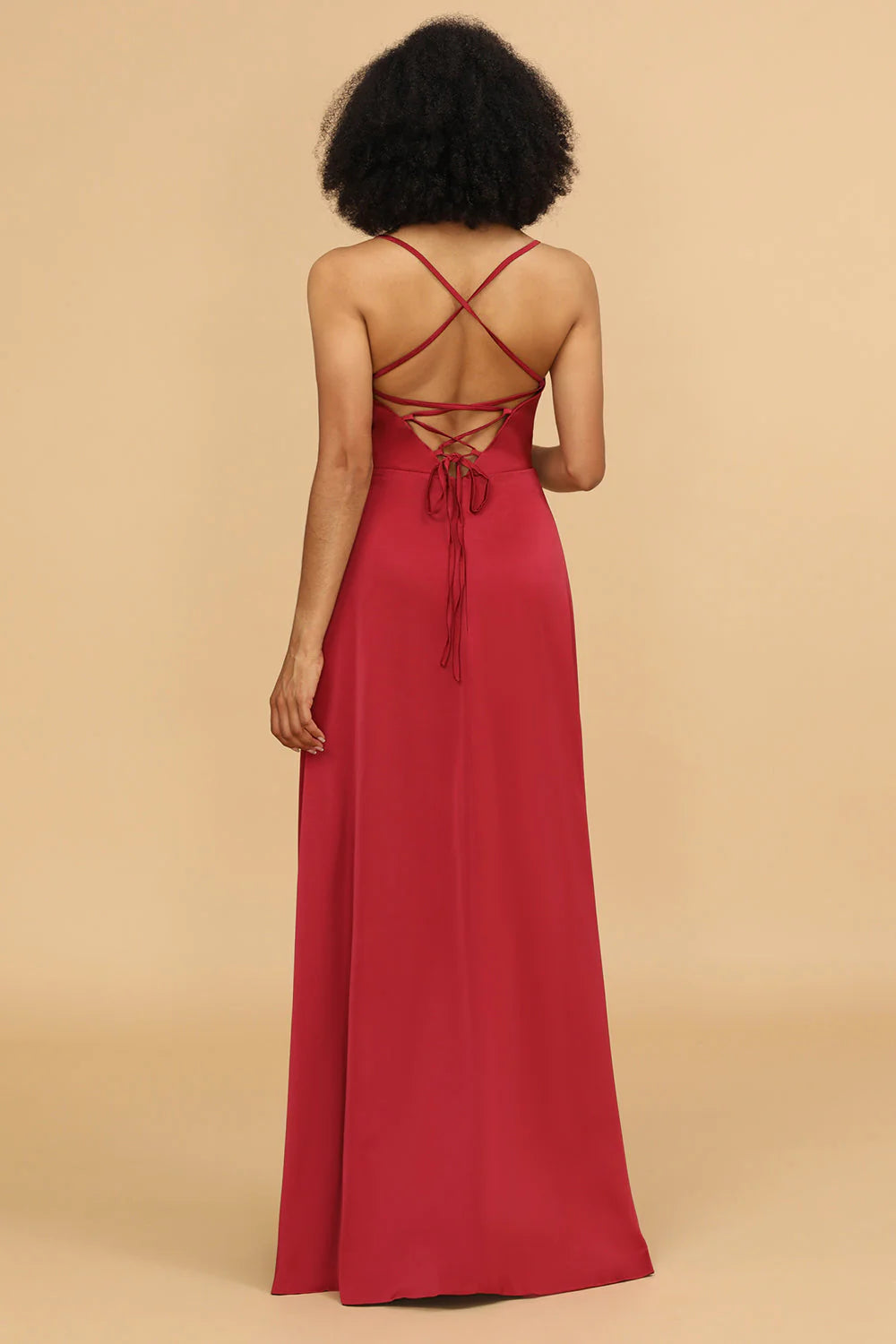 Red A-line thin shoulder strap and satin bridesmaid dress