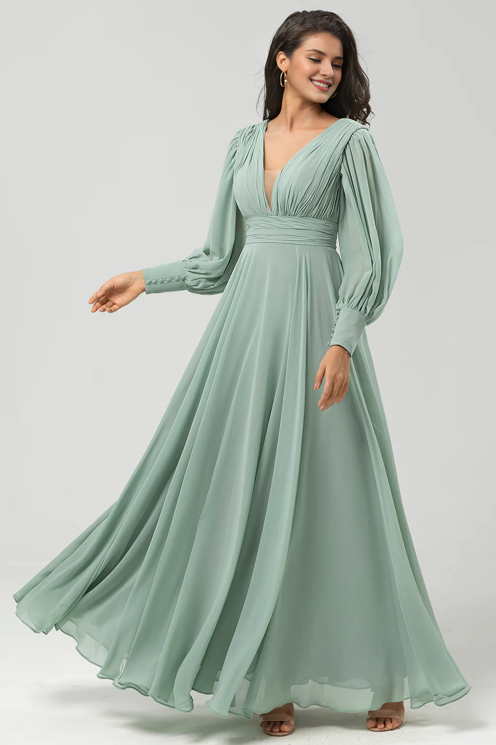 Matcha A-shaped detachable chiffon long sleeved bridesmaid dress LD Dress Matcha A-shaped detachable chiffon long sleeved bridesmaid dress LD Dress