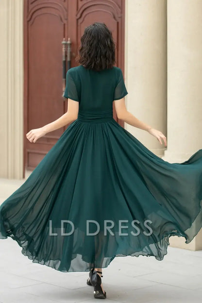 LD V-neck short sleeved chiffon pleated details and floor length Prom dress