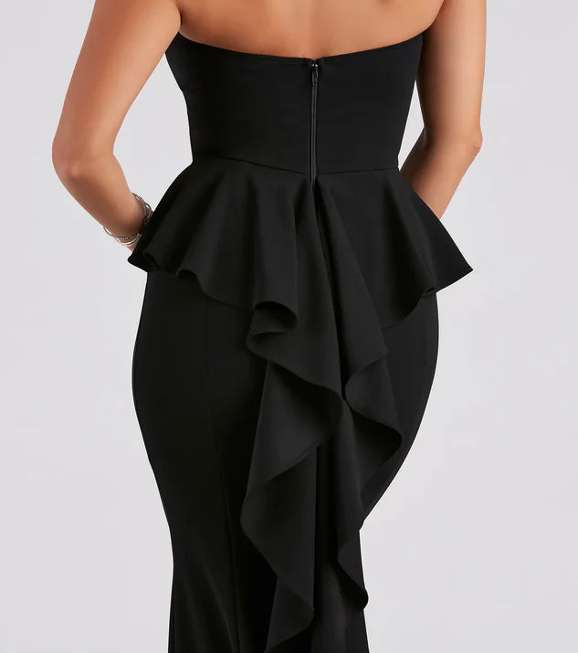 LD off shoulder collar sleeveless strapless backless and floor length evening dress