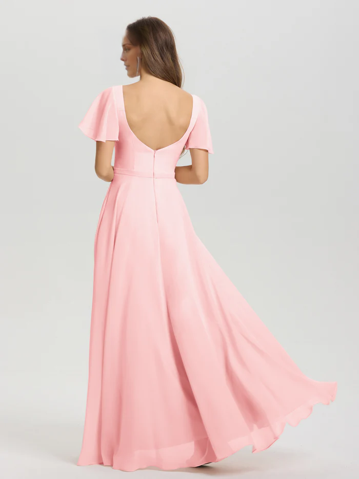 A-line square collar ruffled short sleeved and ground chiffon bridesmaid dress