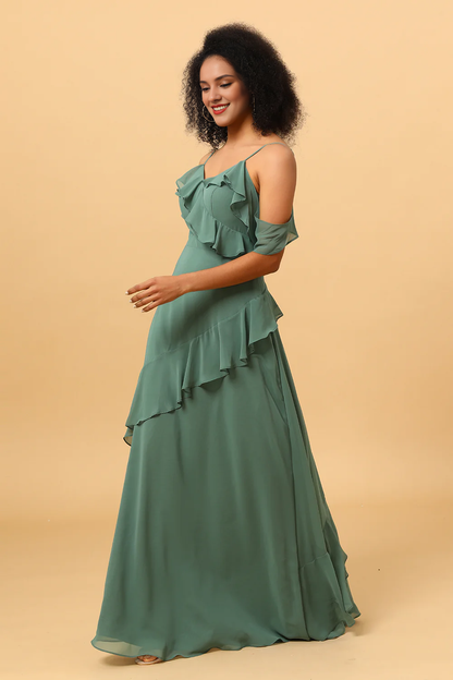 Eucalyptus fine shoulder strap ruffled chiffon long bridesmaid dress