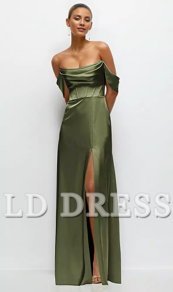 A-line satin off shoulder strapless and floor length bridesmaid dress - LD Dress