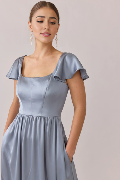 LD square neckline short sleeved backless side slit and floor length prom dress