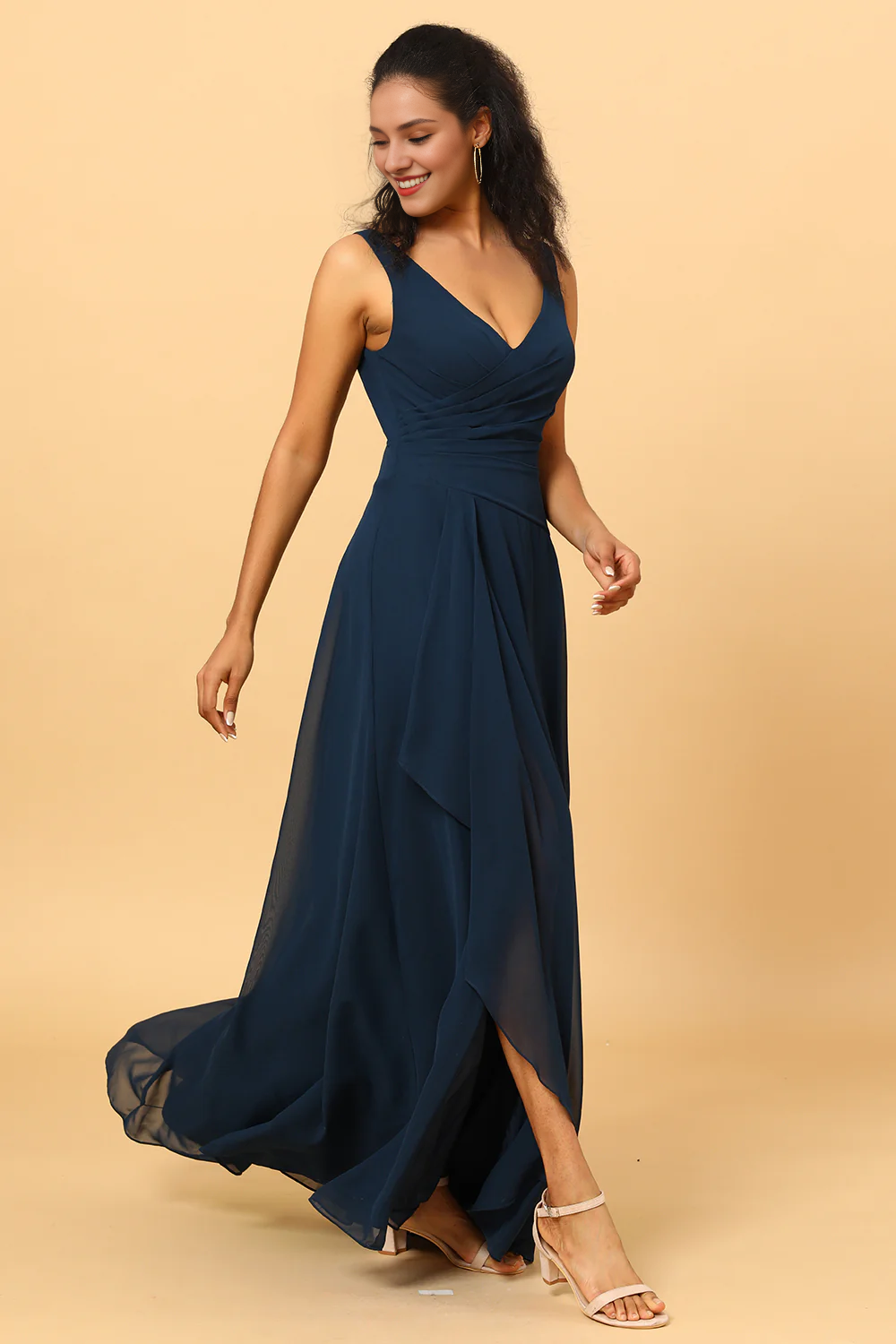 Deep Sea Army Blue A-line V-neck and floor length slit chiffon bridesmaid dress
