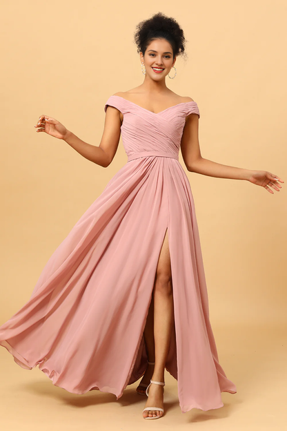 Grey rose pleated long slit chiffon bridesmaid dress
