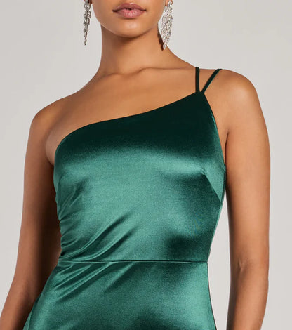 LD asymmetrical collar off shoulder sleeveless thin shoulder strap open back side slit and floor length evening dress