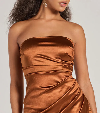 LD off shoulder collar sleeveless strapless backless side slit and floor length Prom dress