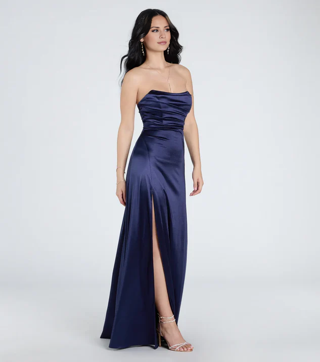 LD off shoulder collar sleeveless strapless backless side split and floor length evening dress