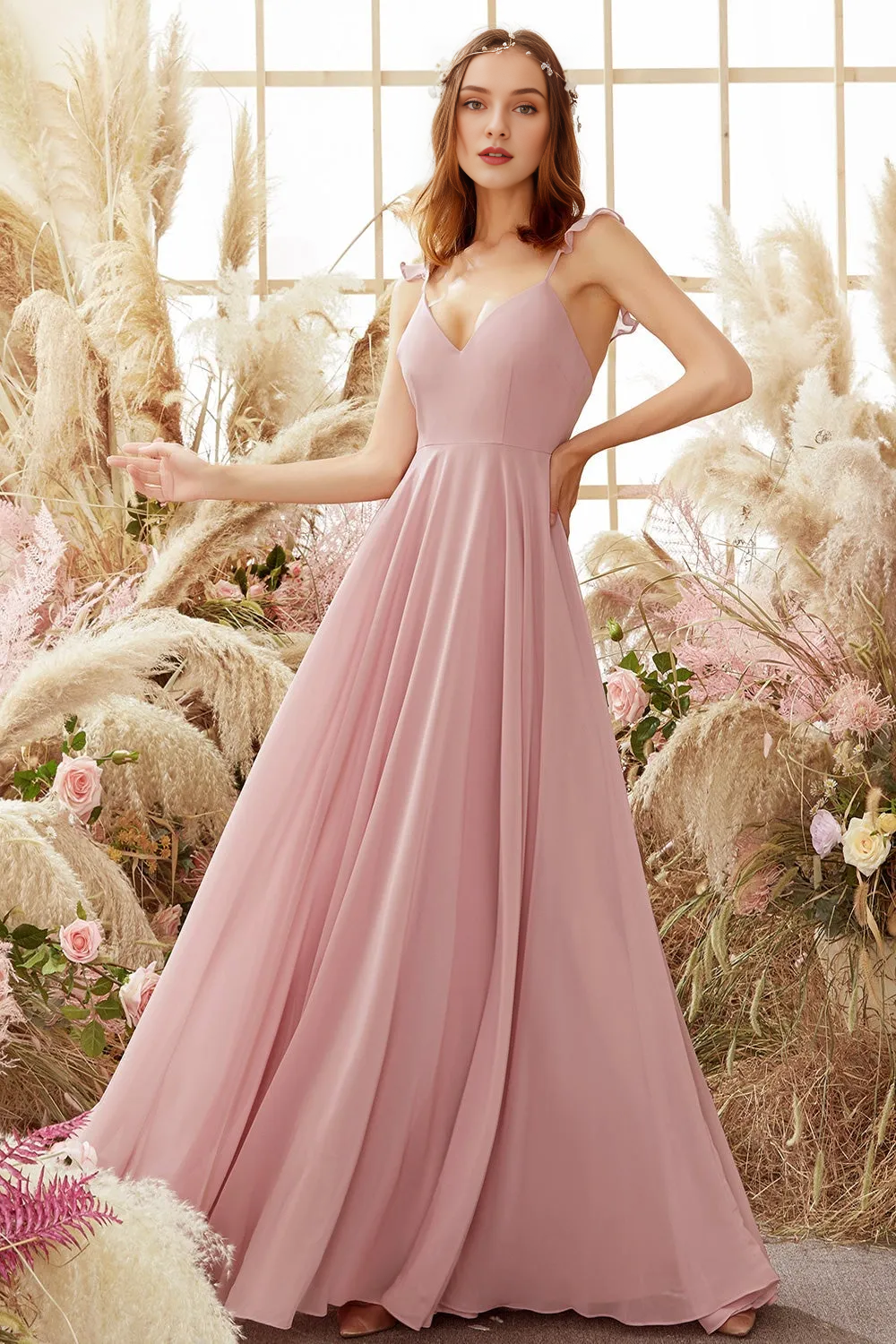 Powder blusher strappy chiffon bridesmaid dress