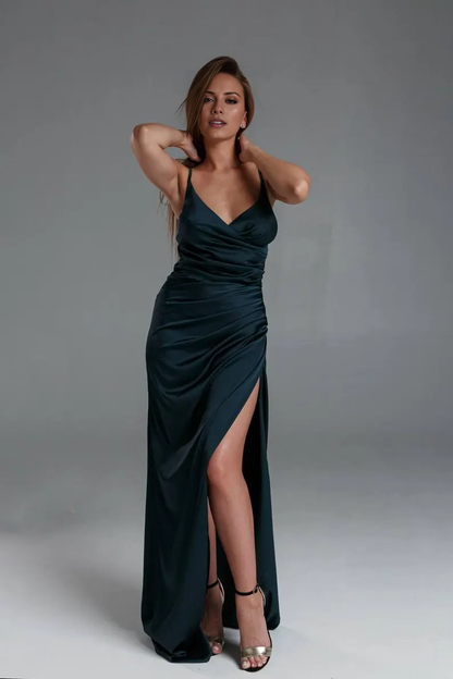 LD V-neck sleeveless thin shoulder strap with backless side slit and floor length Prom dress
