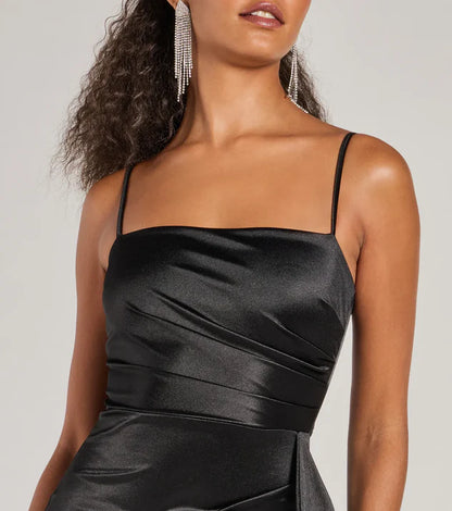 LD square neckline sleeveless thin shoulder strap backless side slit ruffle edge and floor length evening dress