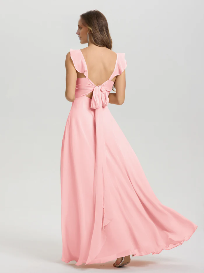 V-neck harness tie and chiffon slit bridesmaid dress