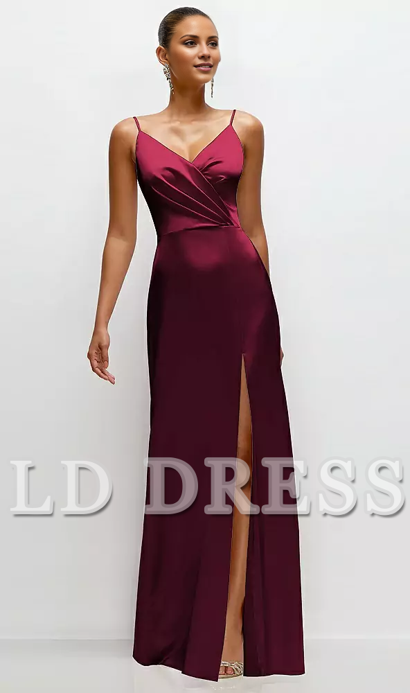 Thin shoulder strap pleated satin side slit and floor length bridesmaid dress - LD Dress