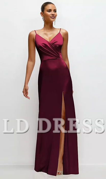 Thin shoulder strap pleated satin side slit and floor length bridesmaid dress - LD Dress