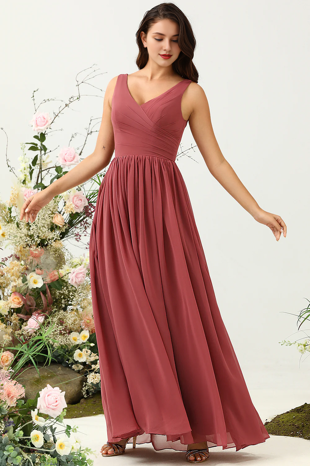 Desert Rose A-line V-neck long chiffon ruffled bridesmaid dress LD Dress Desert Rose A-line V-neck long chiffon ruffled bridesmaid dress LD Dress
