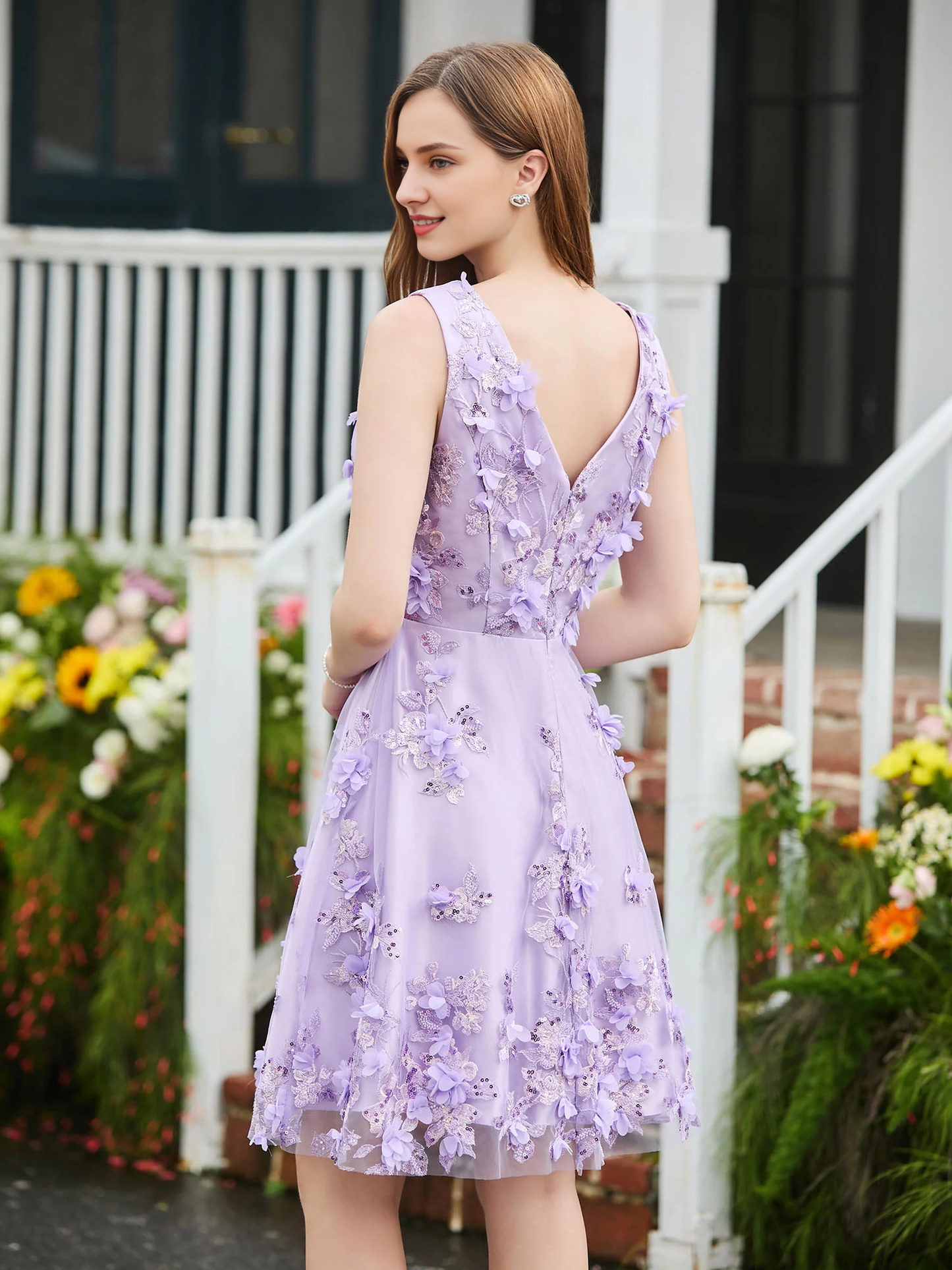 Beaded flower decal short dress
