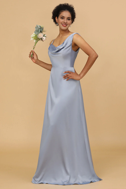 Grey blue A-line asymmetrical neckline satin long bridesmaid dress