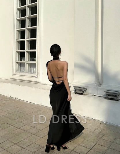 LD hanging neck collar exposed back strapless and floor length Prom dress