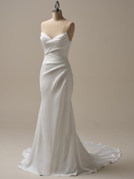 Strapless hanging satin tight and floor length wedding dress