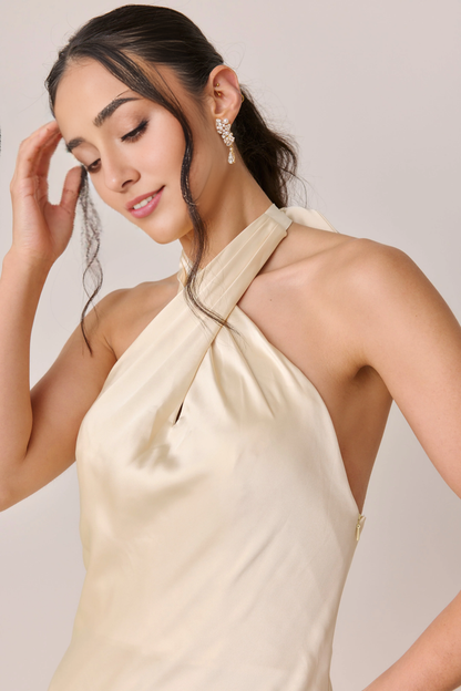 LD cross neckline off shoulder sleeveless backless side slit and floor length Prom dress