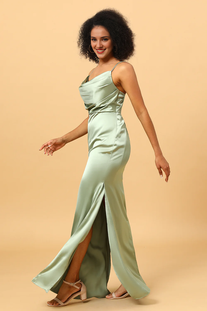 Sage fishtail neckline long satin bridesmaid dress