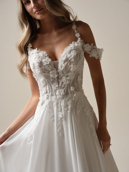 A-line deep V elegant floral off the shoulder and ground length wedding dress