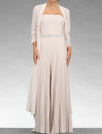 Two Piece Jumpsuits Mother of the Bride Dress Wedding Guest Elegant 3/4 Sleeve with Jacket Dresses Chiffon Sweetheart Floor Length Sash / Ribbon Pleats Wrap Included