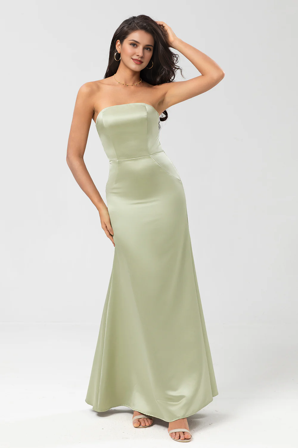 Dusty Sage Tail Strapless and Satin Bridesmaid Dress