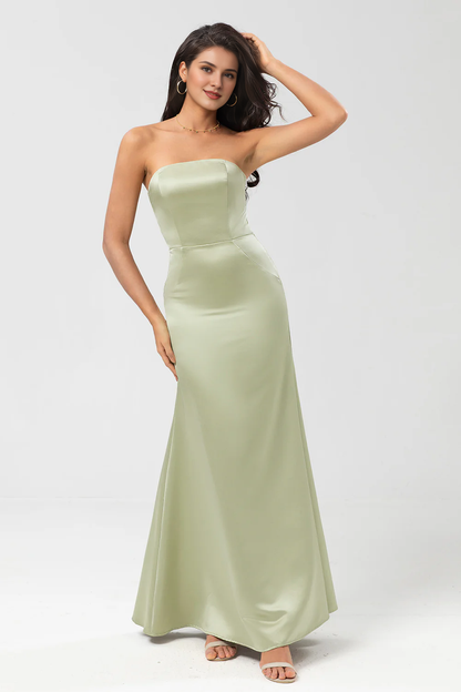 Dusty Sage Tail Strapless and Satin Bridesmaid Dress