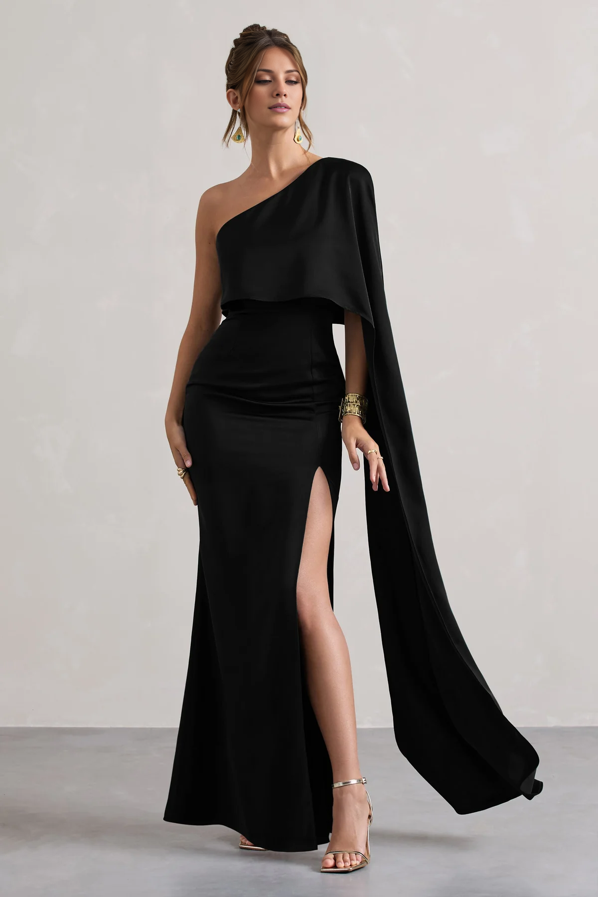 LD - Single shoulder collar satin side slit and floor length Prom dress