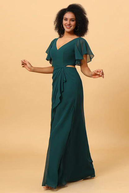 Pine V-neck short sleeved chiffon bridesmaid dress