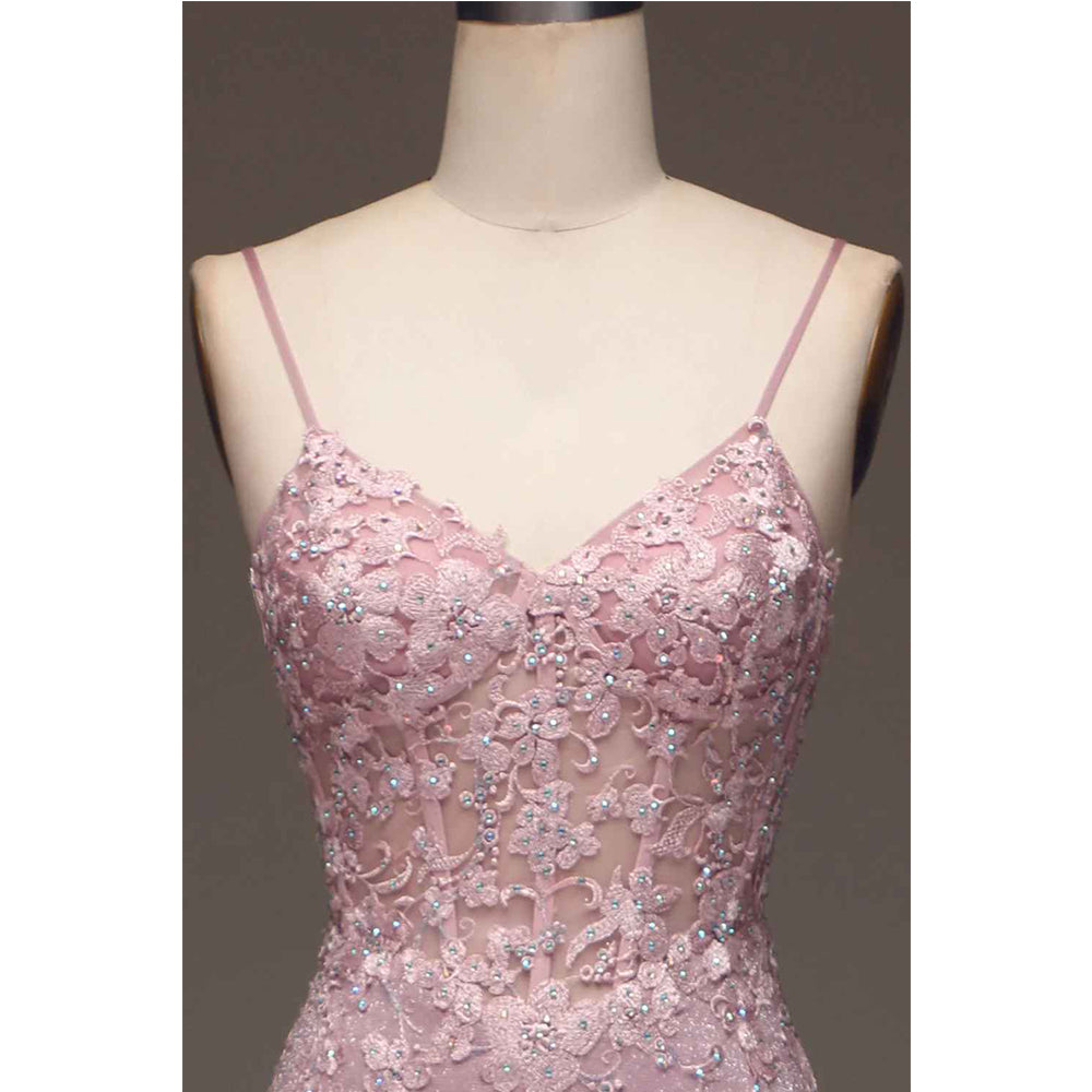 Sparkling pink powder blusher mermaid thin shoulder belt beaded long prom dress