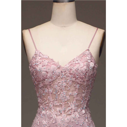 Sparkling pink powder blusher mermaid thin shoulder belt beaded long prom dress