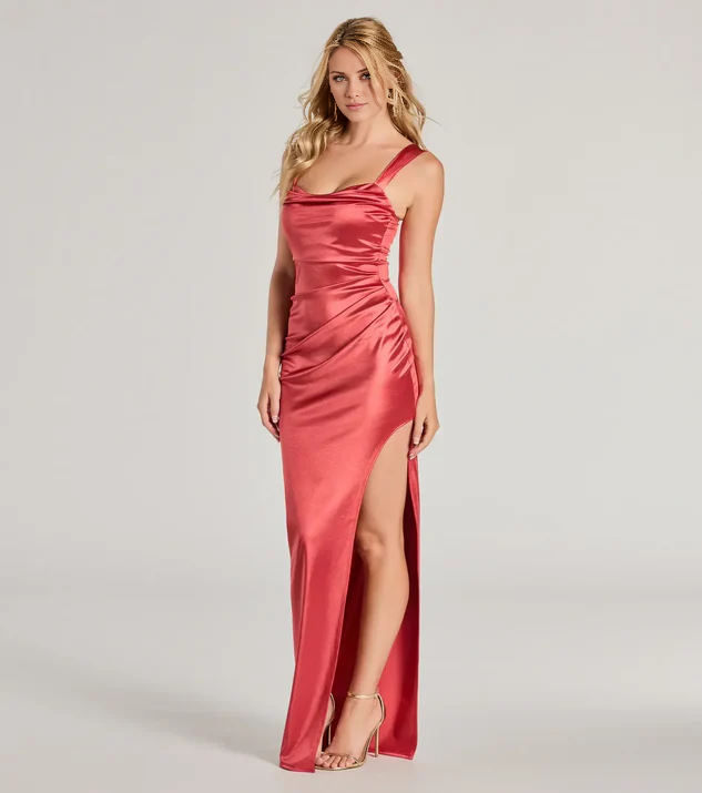 LD square neckline off shoulder sleeveless backless side slit and floor length evening dress