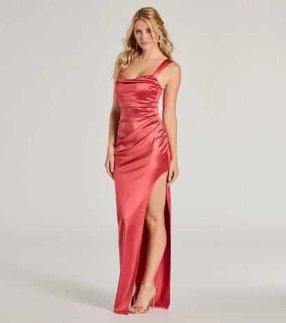 LD square neckline off shoulder sleeveless backless side slit and floor length evening dress