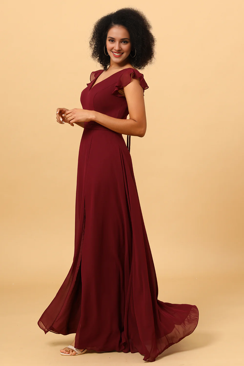 Cabernet A Line V-neck strapless long slit chiffon bridesmaid dress