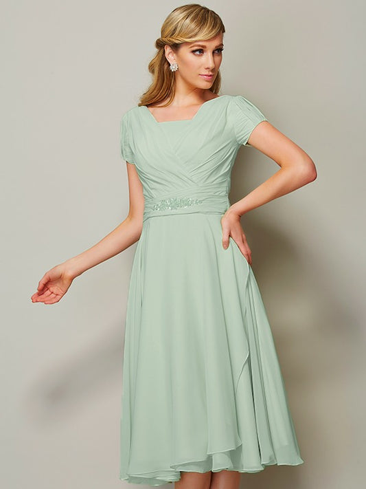 Sheath/Column Bateau Short-Sleeves Ruffles Short Chiffon Tea-Length Bridesmaid Dresses