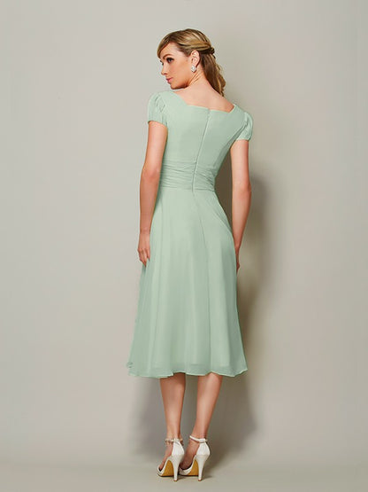Sheath Chiffon Bateau Short Sleeves Tea-Length With Ruffles Bridesmaid Dresses
