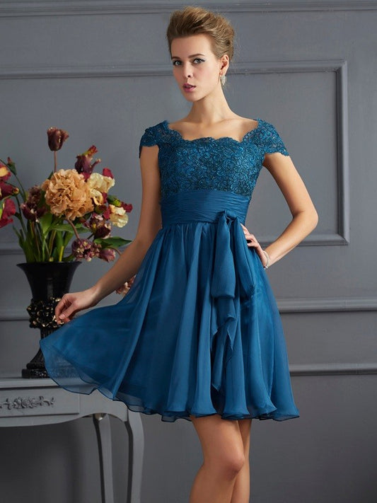 A-Line/Princess Scoop Short-Sleeves Lace Short Chiffon Bridesmaid Dresses