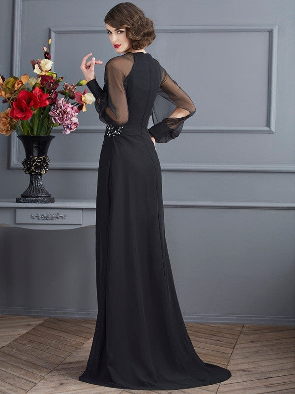 Sheath/Column Scoop Long Sleeves Beading Long Chiffon Dresses