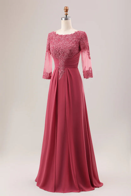 Red earth A-line pleated decal long sleeved bridal mother gown