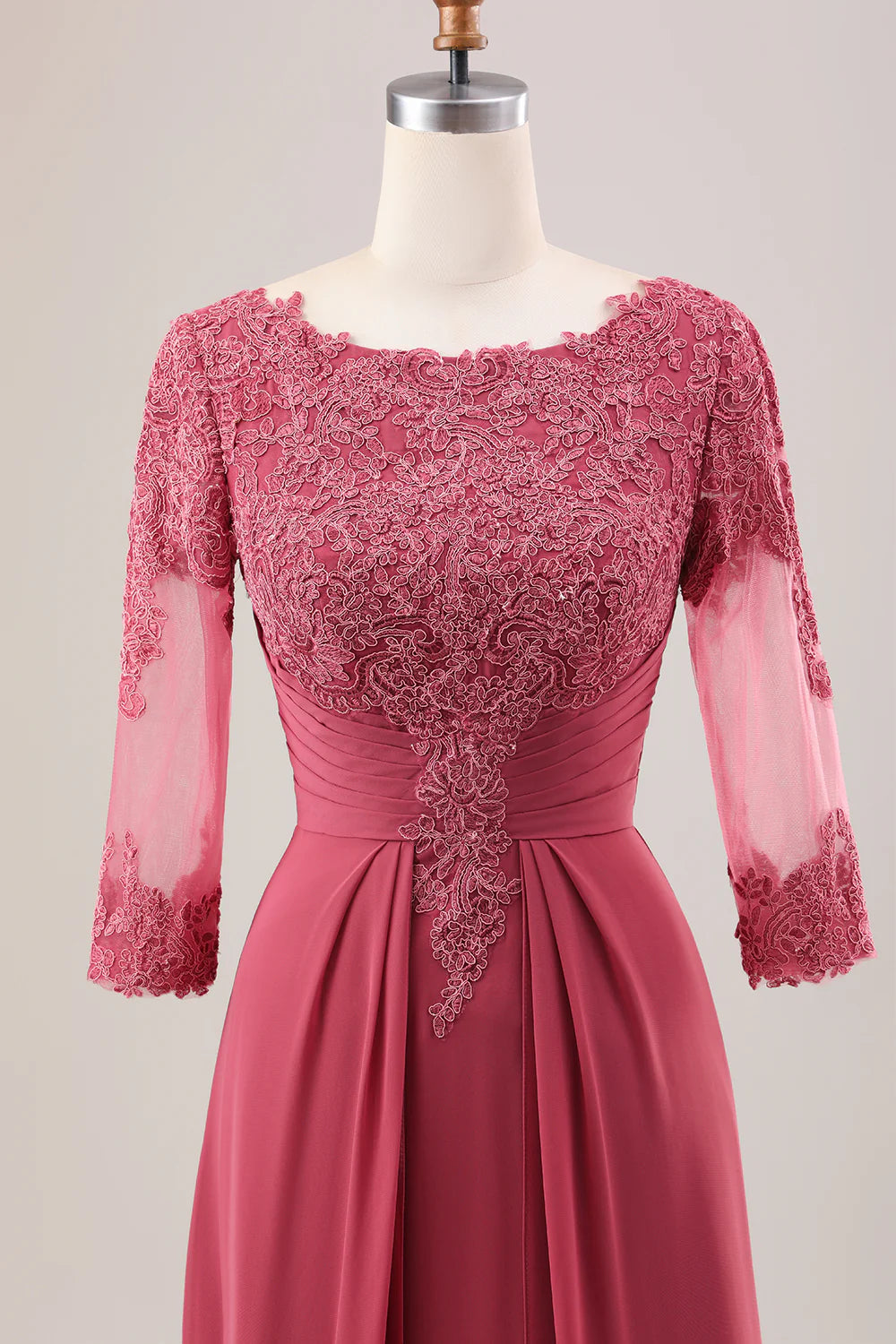 Red earth A-line pleated decal long sleeved bridal mother gown